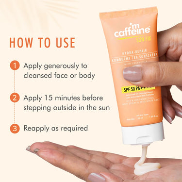 mCaffeine Kombucha Hydra Repair Sunscreen SPF50 PA++++ | UVA & UVB Protection, No White Cast | Hyaluronic Acid, Ceramides Sunscreen for Hydration & Barrier Repair | All Skin Types - 50ml